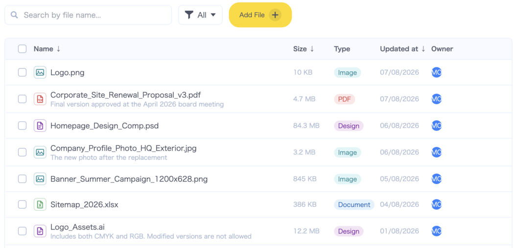 File list with type icons, search, filtering, and sorting